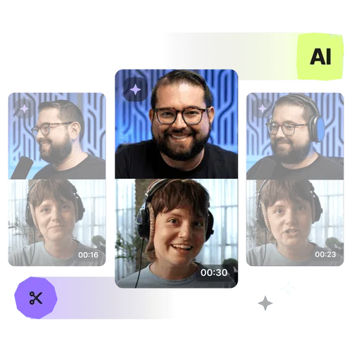 Collage of two people wearing headphones and speaking into microphones, with a glowing label reading 'AI'.